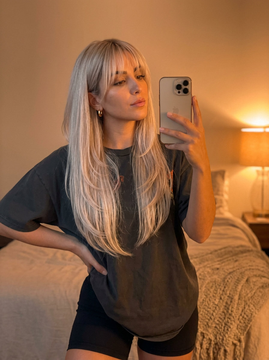 long platinum ash blonde hair with Birkin bangs and Champagne Ash highlights for romantic style