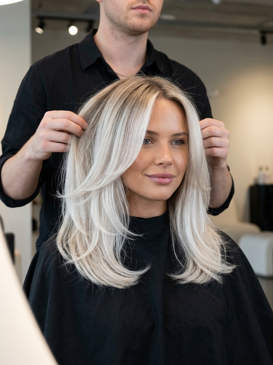 long minimal platinum blonde scandi melt ombre with icy white ends, soft shadow root — professional