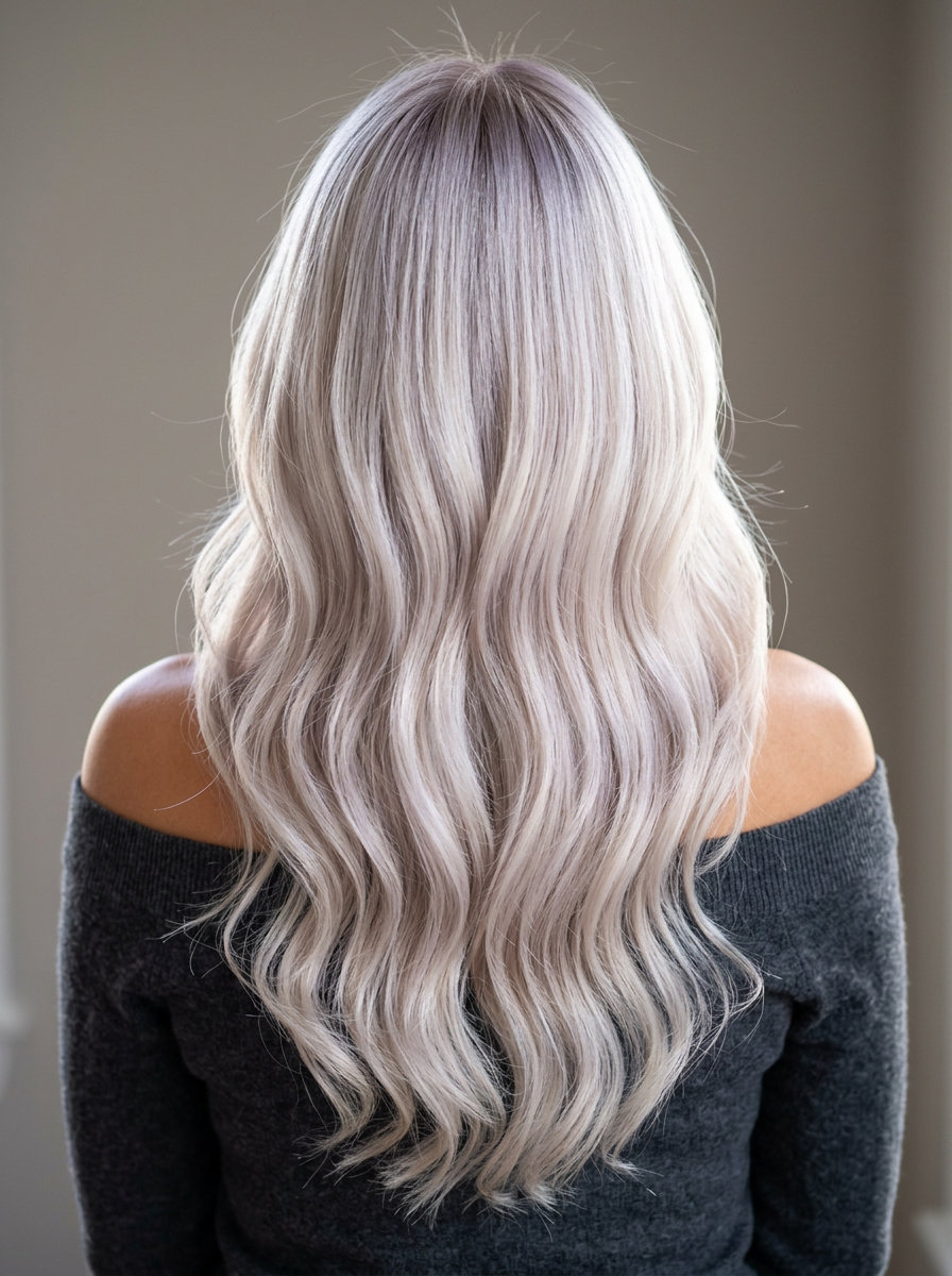 long platinum ash blonde with cascading U-shaped layers and soft face-framing for glamorous look