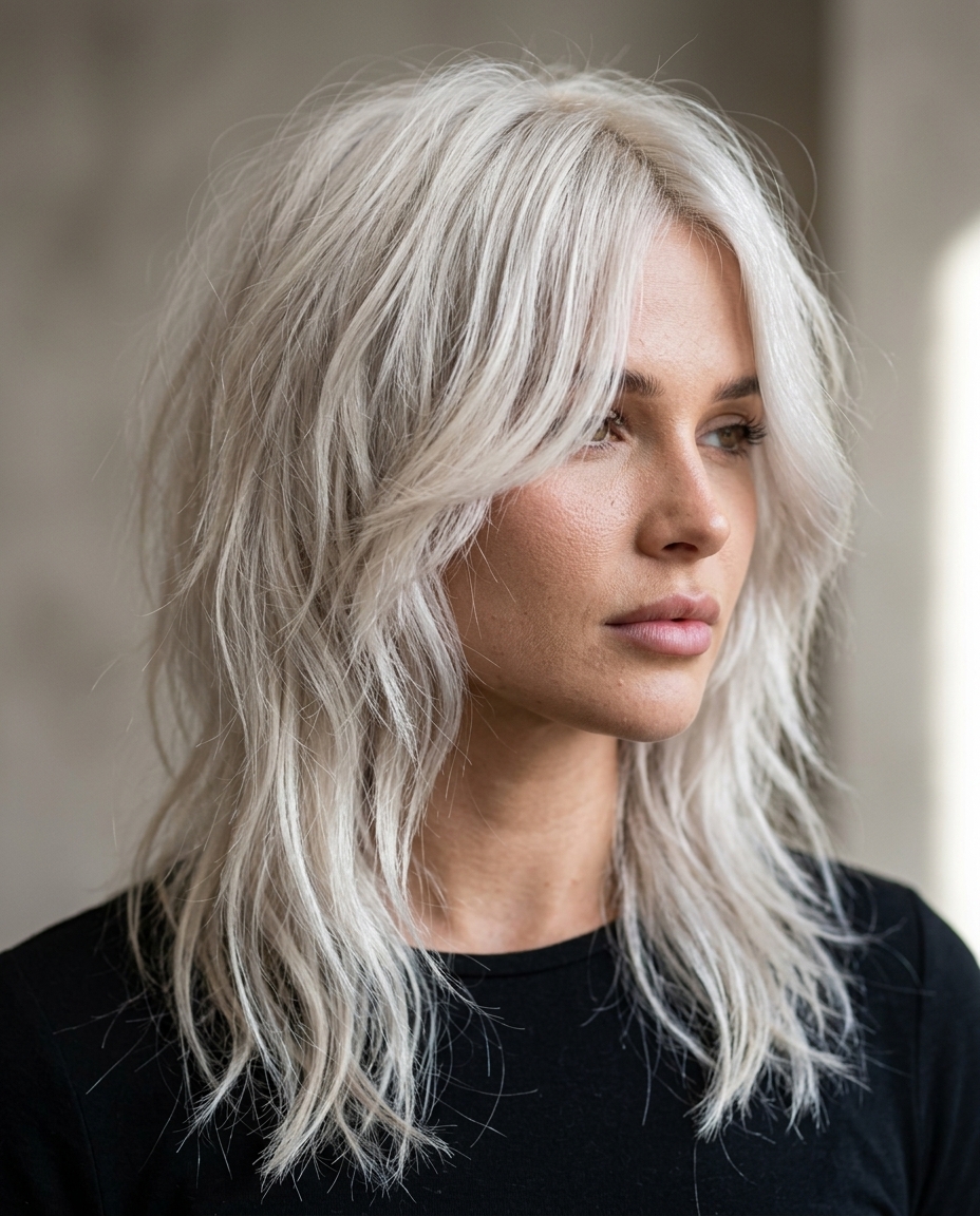 long platinum wolf cut with charcoal root and razored layers for edgy glam