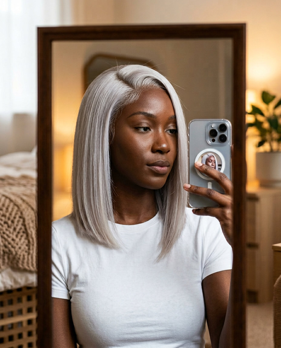 medium-length platinum ash blonde lob with asymmetrical cut and crisp white tones for edgy look