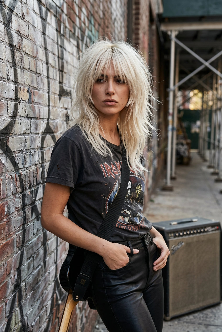 medium-length shag with icy platinum blonde and eye-grazing fringe for summer