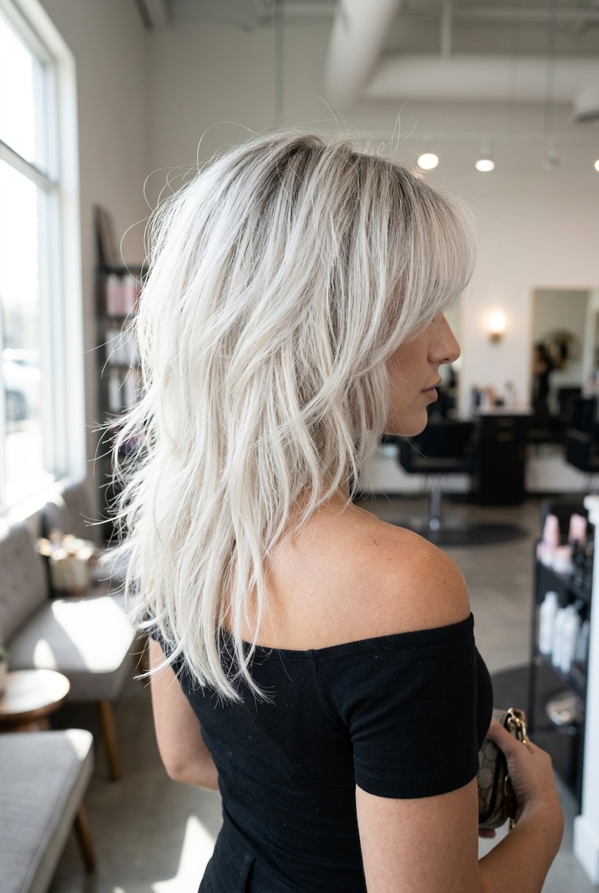 medium shag haircut with cool platinum & charcoal root, textured layers, wispy curtain fringe — edgy weekend