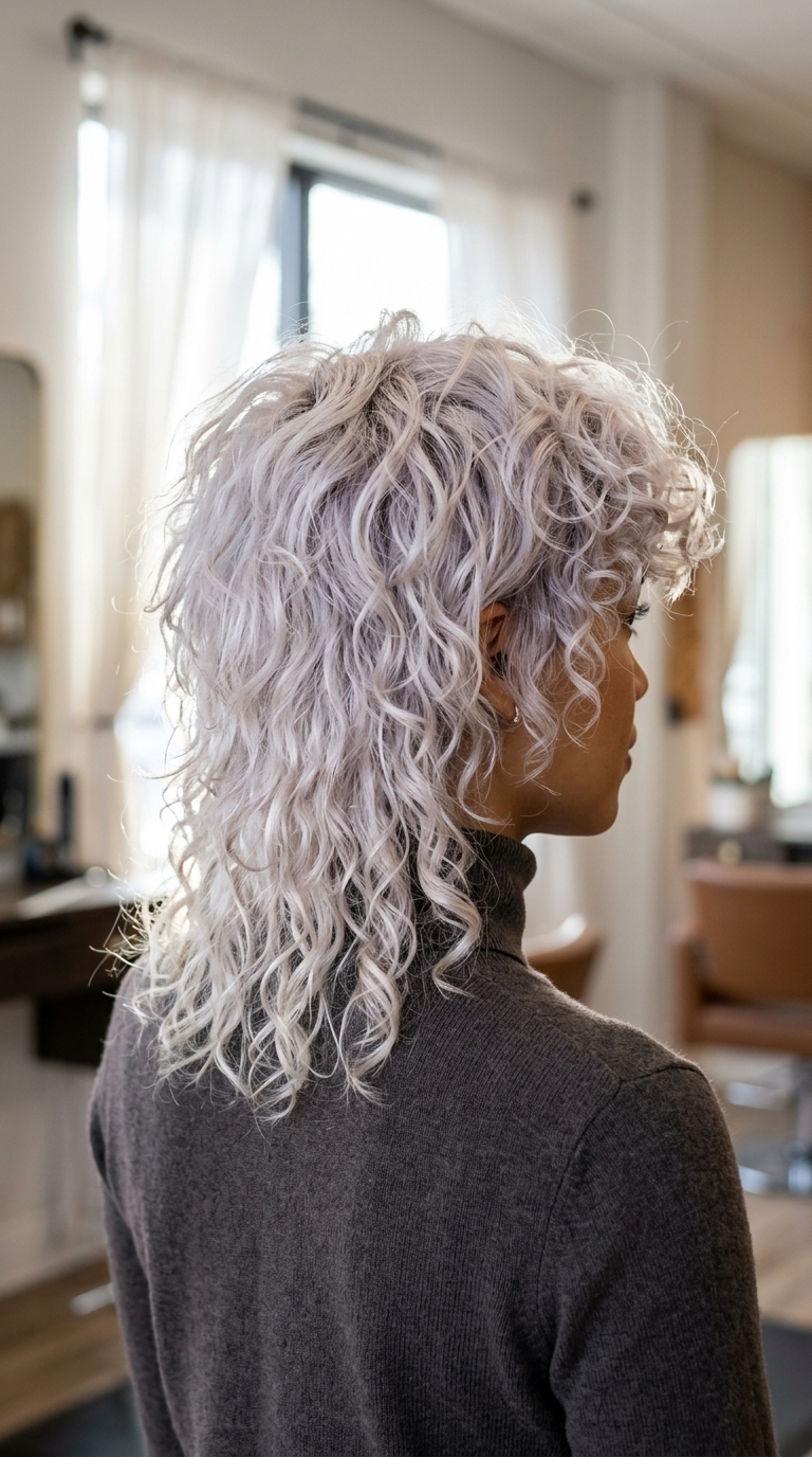 medium shullet shag haircut in icy platinum blonde with violet toner and curly fringe for concert