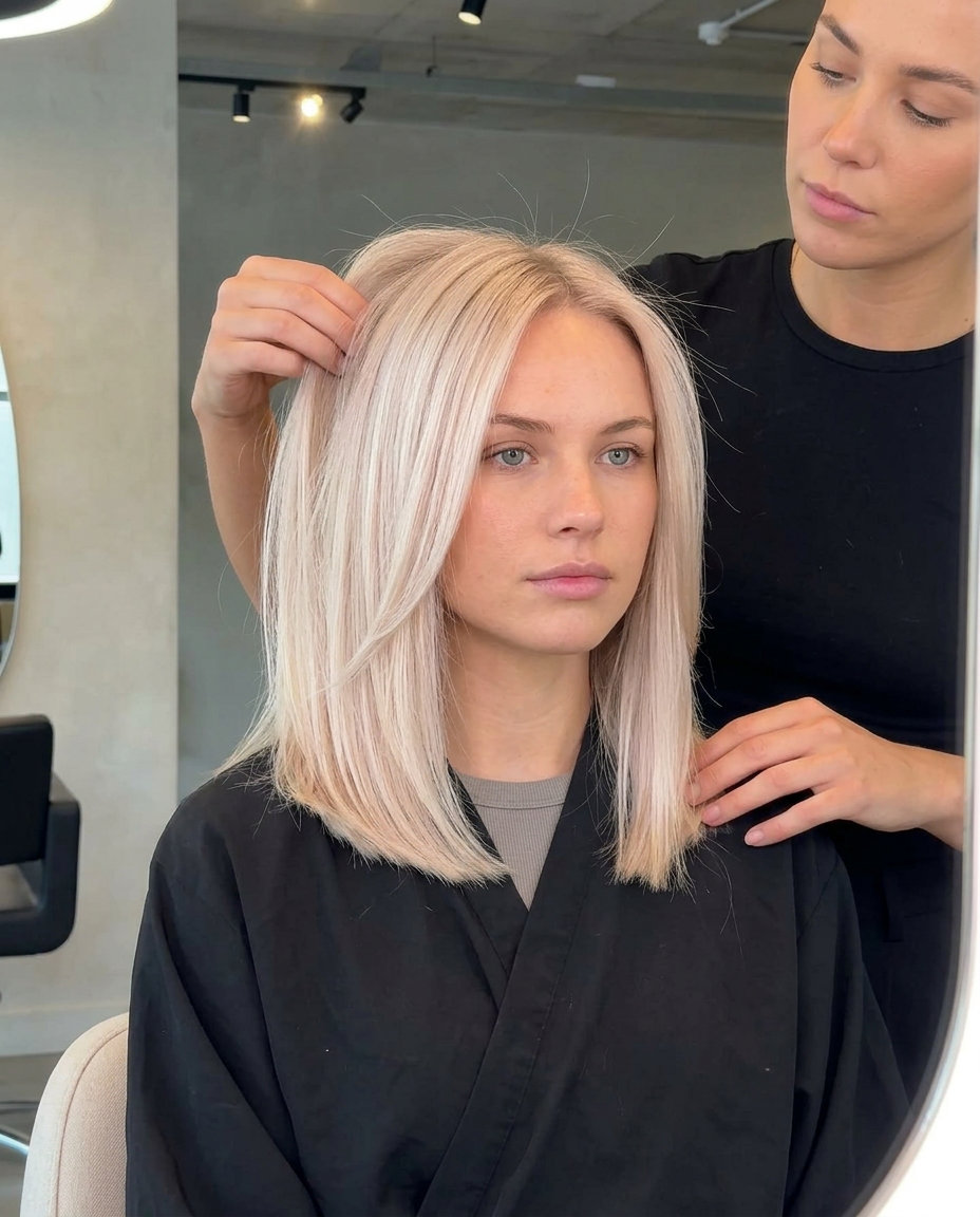 Edgy Apricot Blonde 2026: Platinum Shimmer short platinum apricot blonde hair color with icy platinum, cool apricot shimmer, modern mood