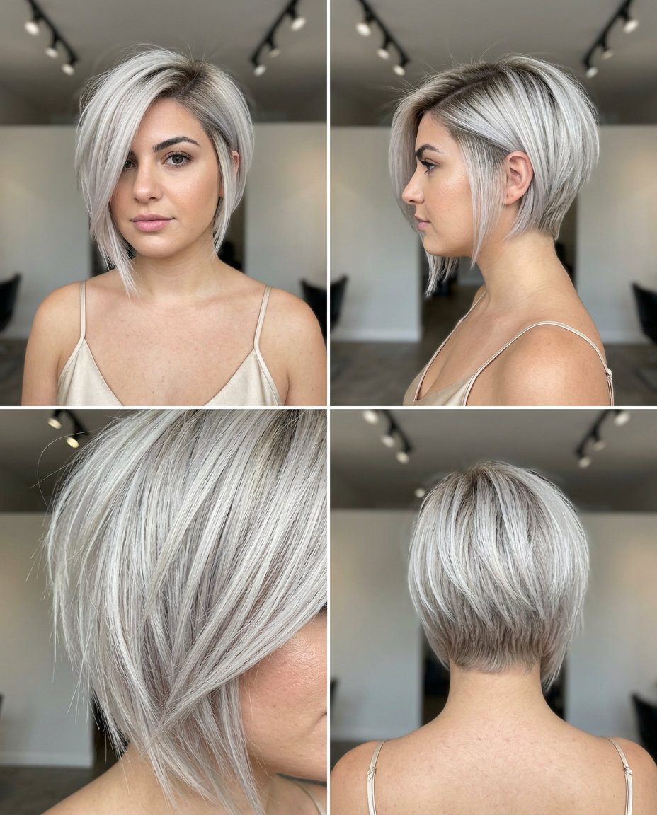 short bixie haircut with icy platinum blonde and dark root shadow for summer