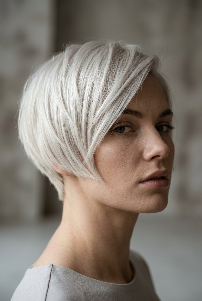 short bixie haircut in icy platinum blonde with silver undertones, angled fringe for avant-garde look