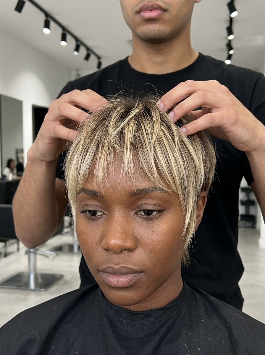 short crop haircut with bright platinum & natural root, razored texture, wispy bangs — playful festival