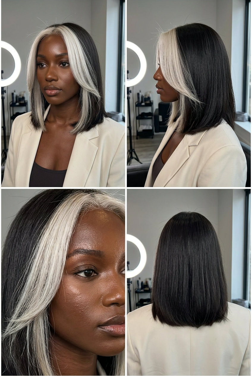 short platinum blonde money piece with icy blonde, high contrast, no fringe — edgy summer style