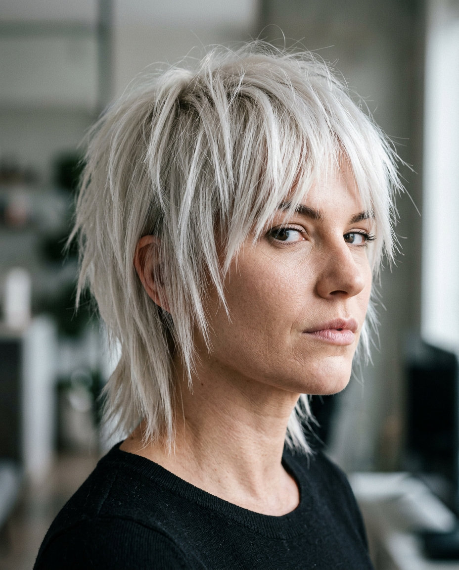 Icy Platinum Razor Mullet 2026 short choppy summer modern mullet haircut 2026 with icy platinum blonde, micro-fringe bangs, razored ends — bold & avant-garde