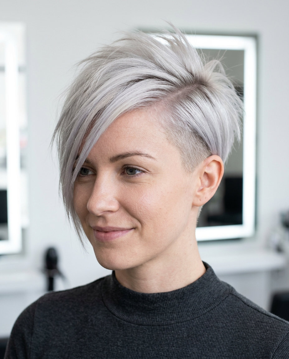 short pixie haircut with icy platinum blonde and cool silver tone for summer