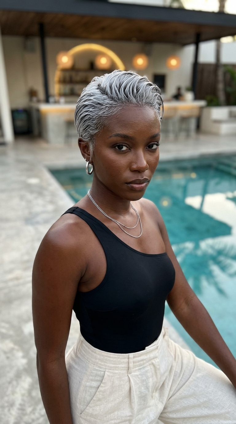 short platinum pixie haircut with wet-look scrunch for summer