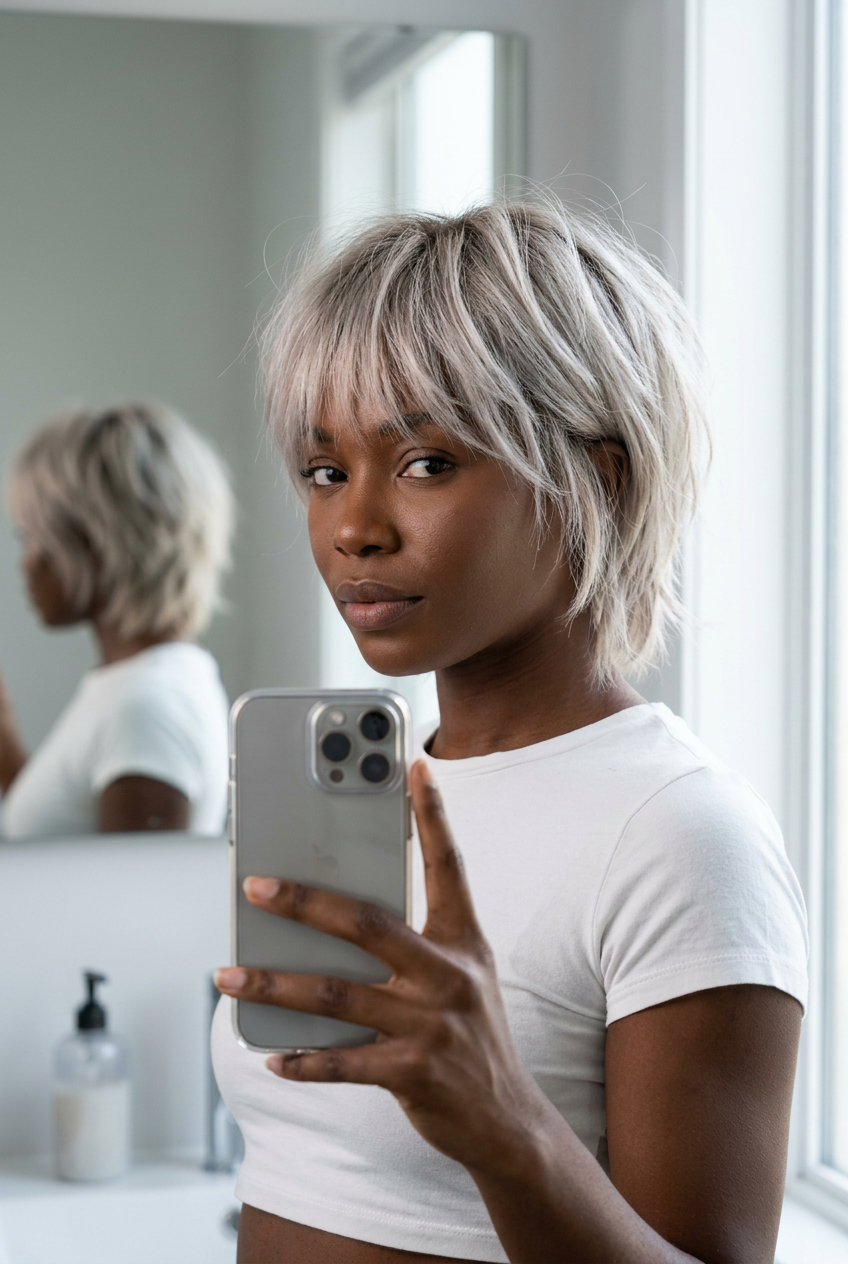 short platinum ash blonde shag with choppy layers and wispy fringe for edgy look