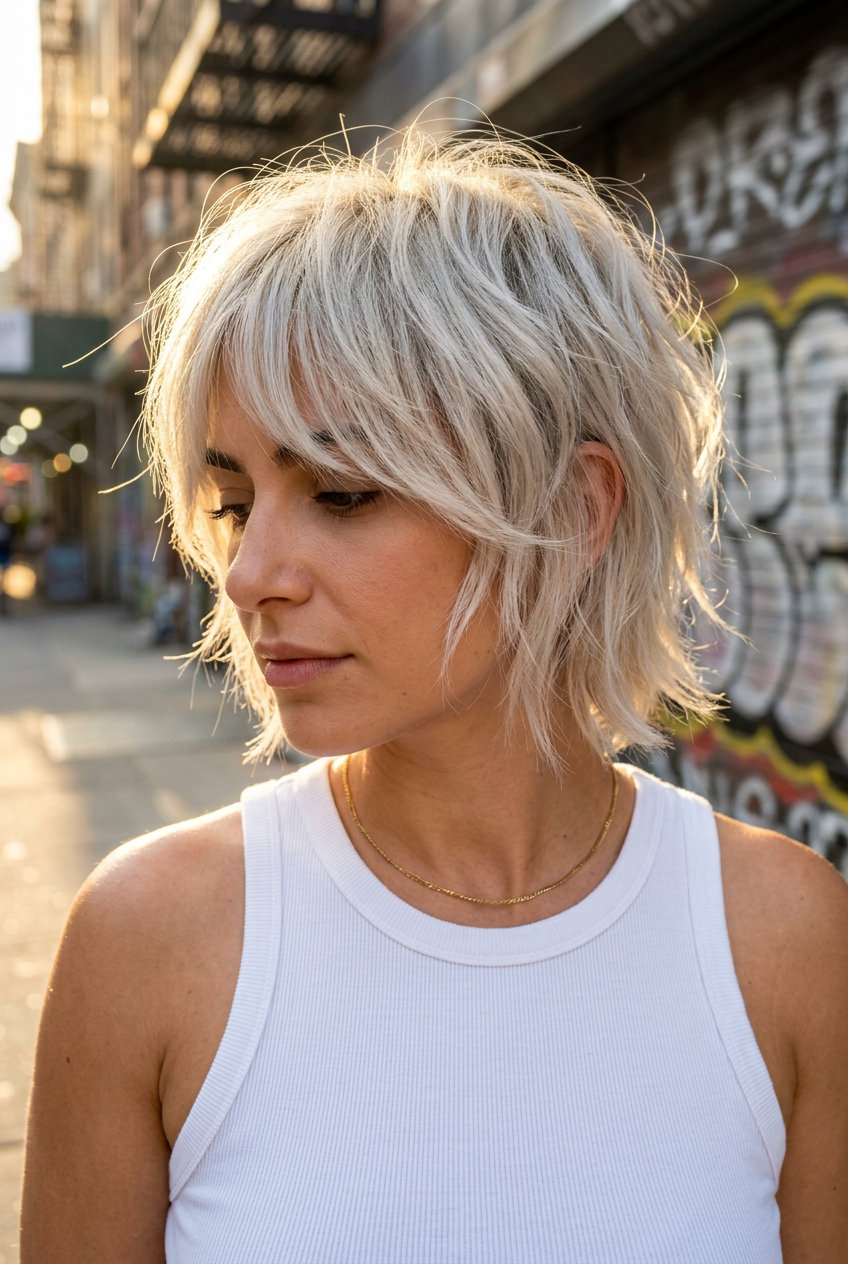 short shag haircut in icy platinum blonde with ash undertones, razor-cut texture, eye-grazing fringe — rebellious weekend style