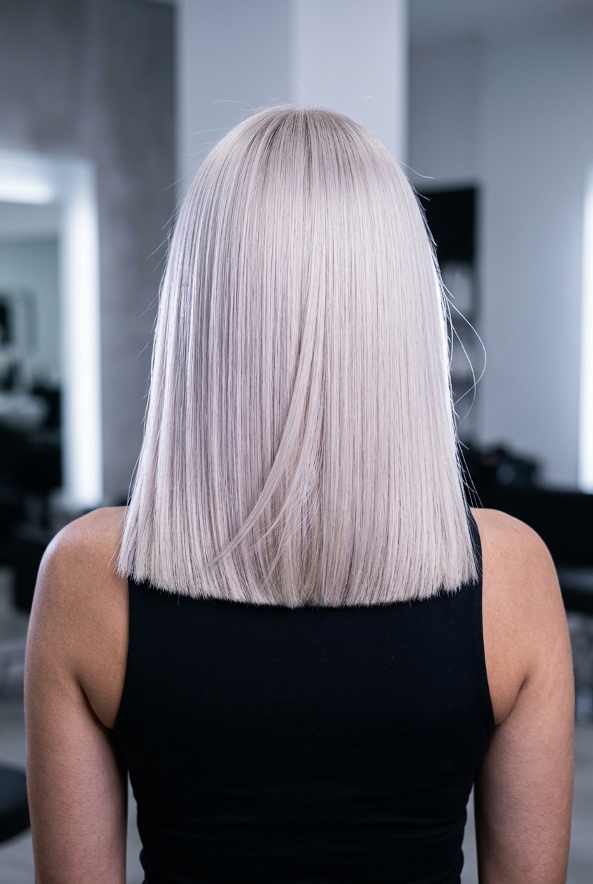 shoulder-length platinum ash blonde lob with blunt cut and solid Nordic White Ash for professional events