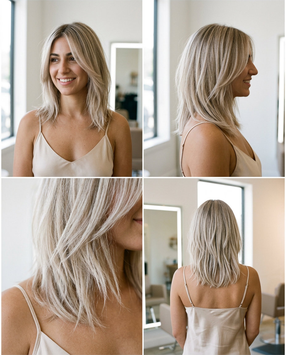 shoulder-grazing platinum ash blonde mid-length with Pearl Ash Foilayage and face-framing layers for summer