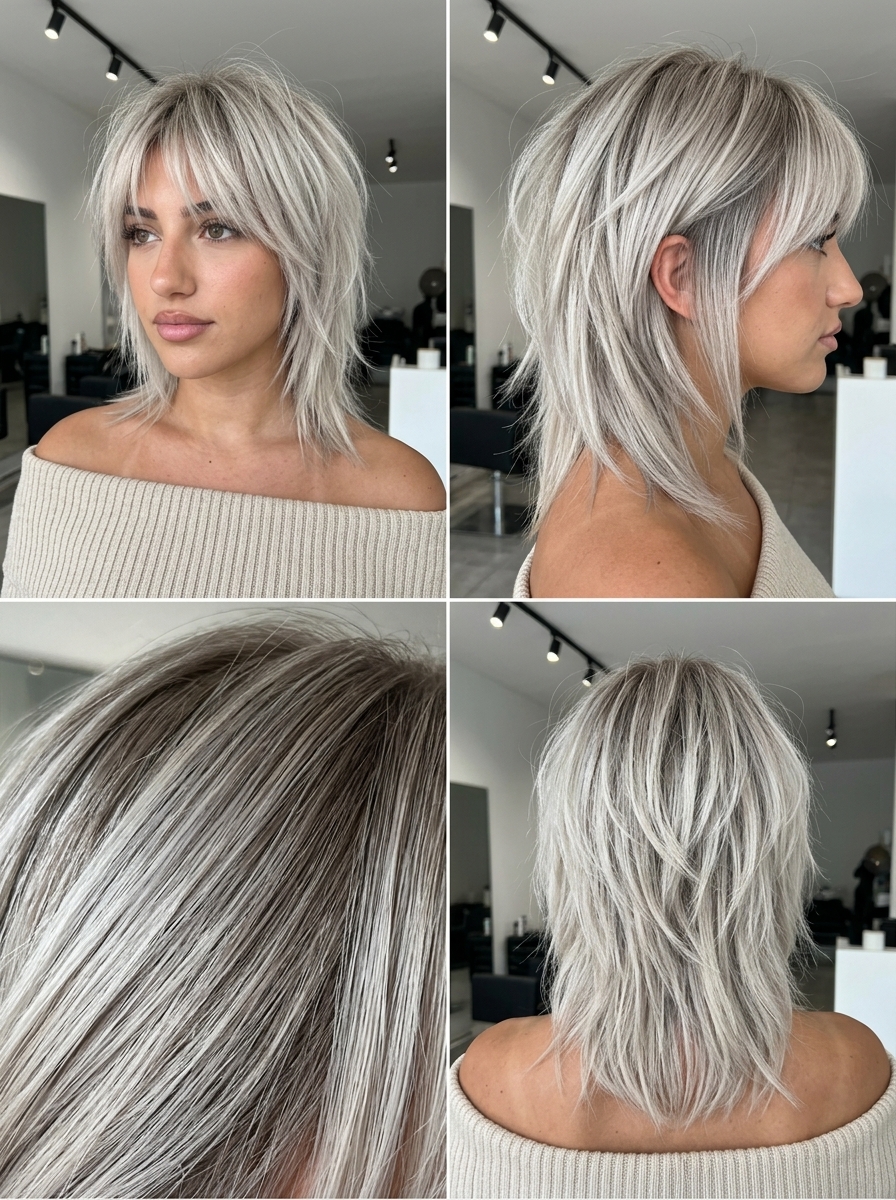 shoulder-length platinum ash blonde shag with textured layers and wispy bangs for playful look