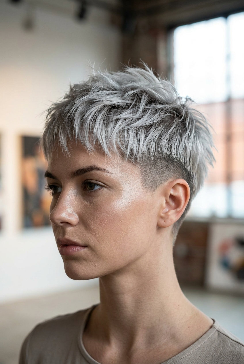Platinum Cyber Mullet Crop 2026 very short choppy summer modern mullet haircut 2026 with platinum cyber grey, extreme disconnection, razored ends — futuristic & edgy