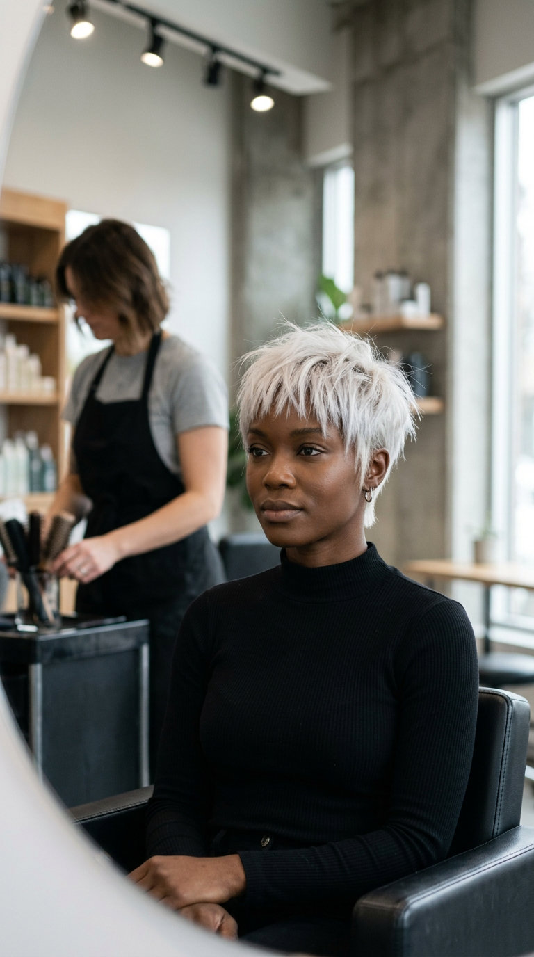 very short platinum pixie haircut with textured layers and choppy bangs for festivals