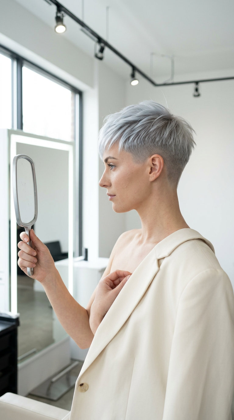 very short platinum ash blonde pixie crop with micro-root shadow and textured top for edgy look