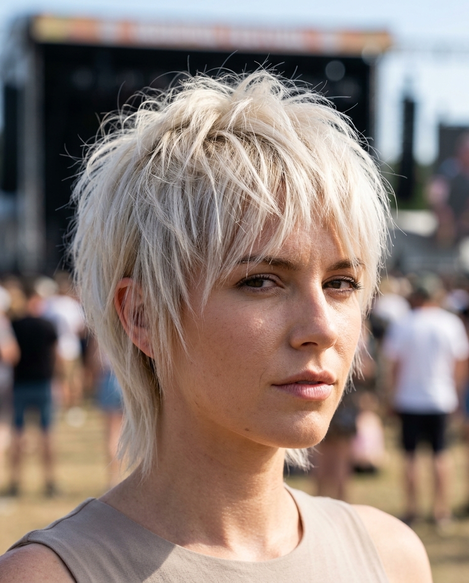very short wolf pixie with icy platinum & ash-silver root, razored choppy layers, micro-fringe — rebellious