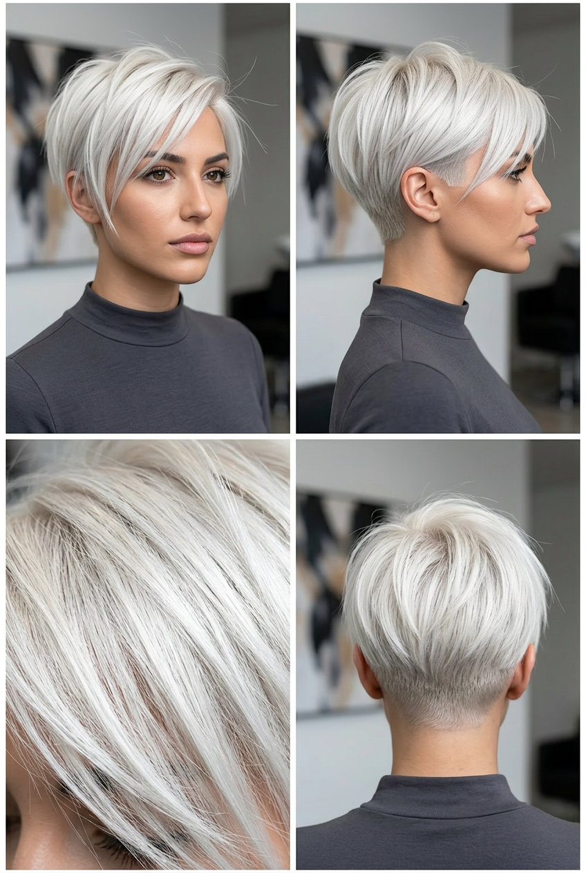 very short razored crop with platinum blonde and white tone, wispy razored fringe — bold edgy look