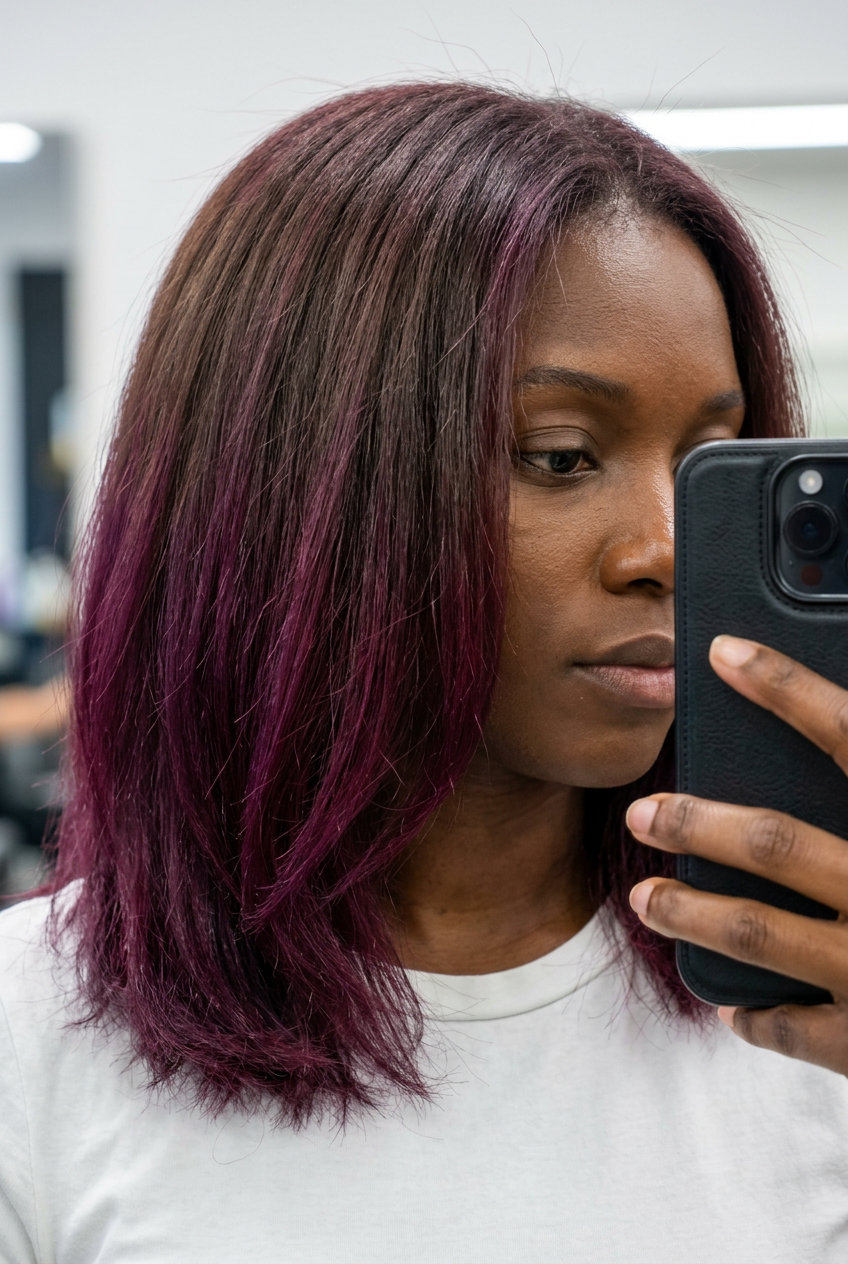 long plum brown dip-dye with violet-red ends, clean line — edgy festival