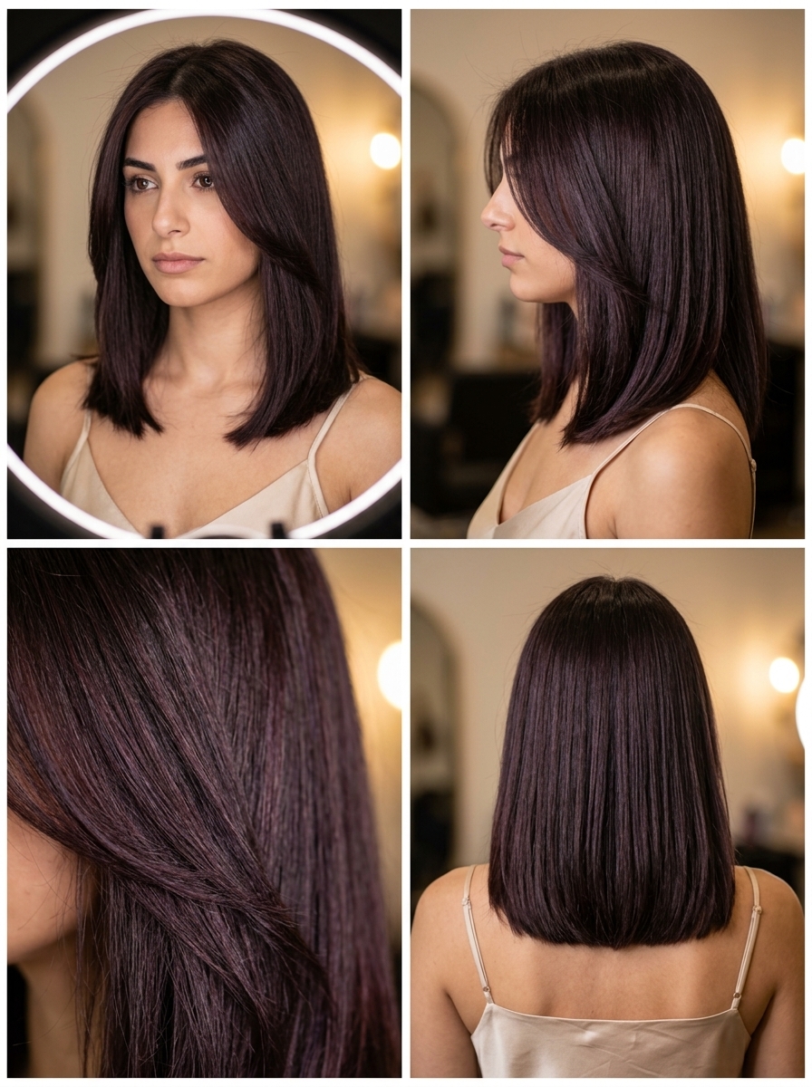 Deep Plum Glazed Brunette 2026 long one-length brunette with deep espresso and cool plum glaze, demi-permanent gloss, sophisticated summer hair color