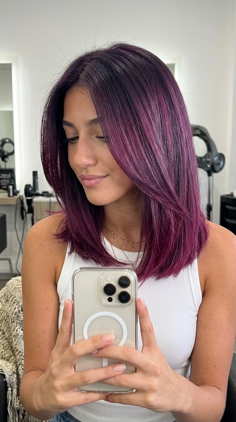 long cascading layers plum color melt with deep violet-plum, Guy Tang technique, romantic mood