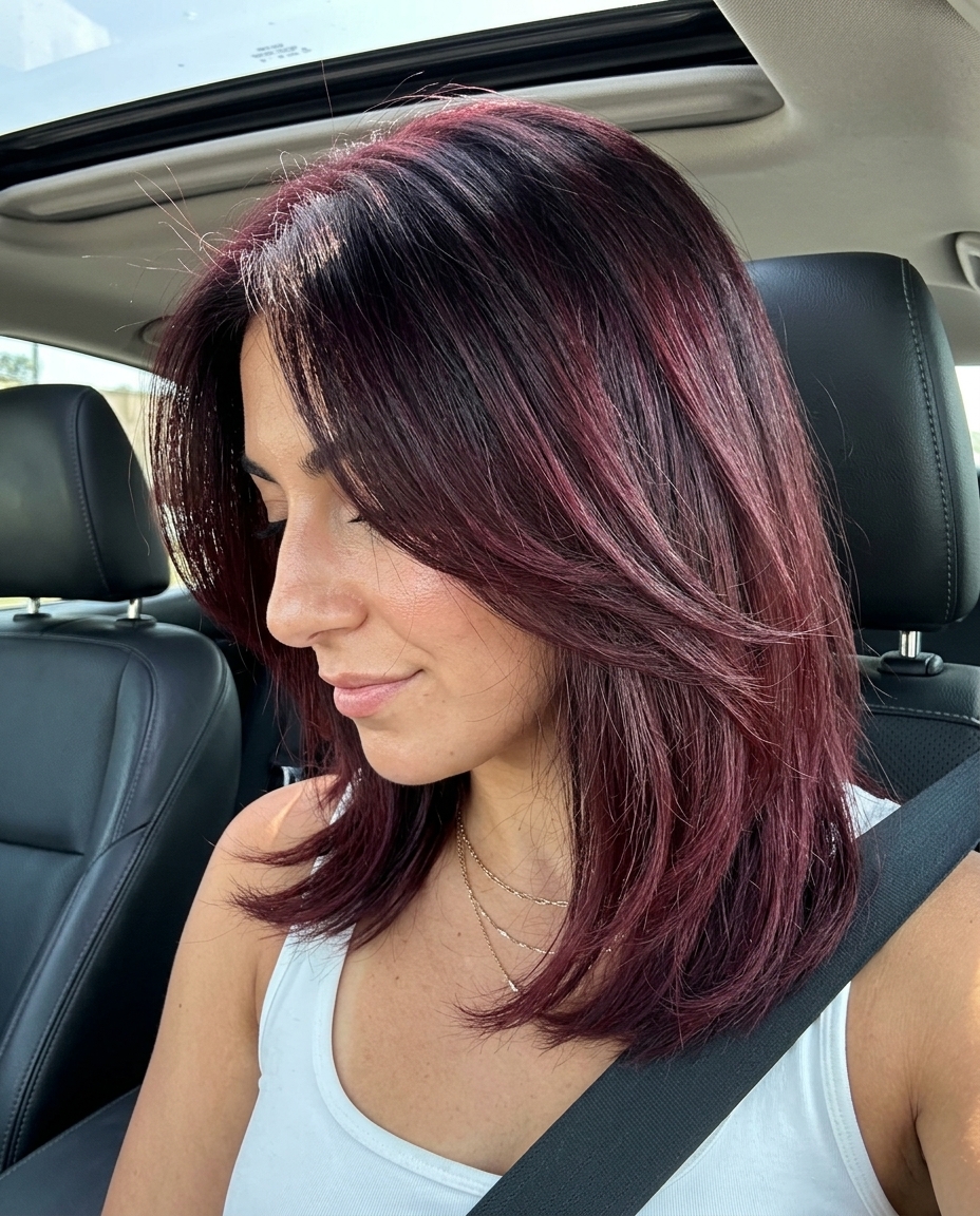 long plum wine ombre with violet-red ends, high-shine melt for summer