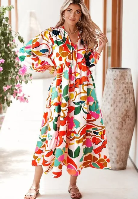 dress Abstract Tie V Neck Tiered Maxi Dress Etsy - Seller $49