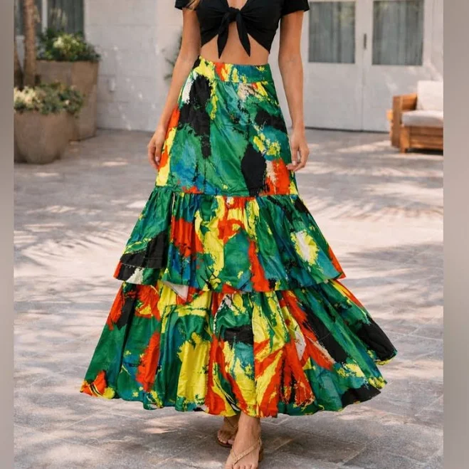 skirt Akira Skirts | Akira Bold Green Multi-Print Tiered Maxi Skirt | Color: Green/Yellow | Size: L | Jm202610's Closet Poshmark $79