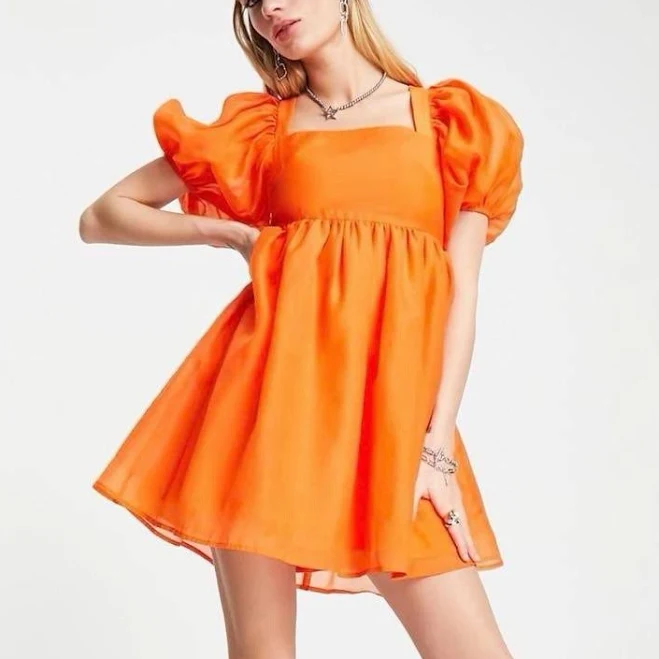 dress Amy Lynn Orange Organza Puff Sleeve Mini Dress Bow Tie Back Square eBay $45