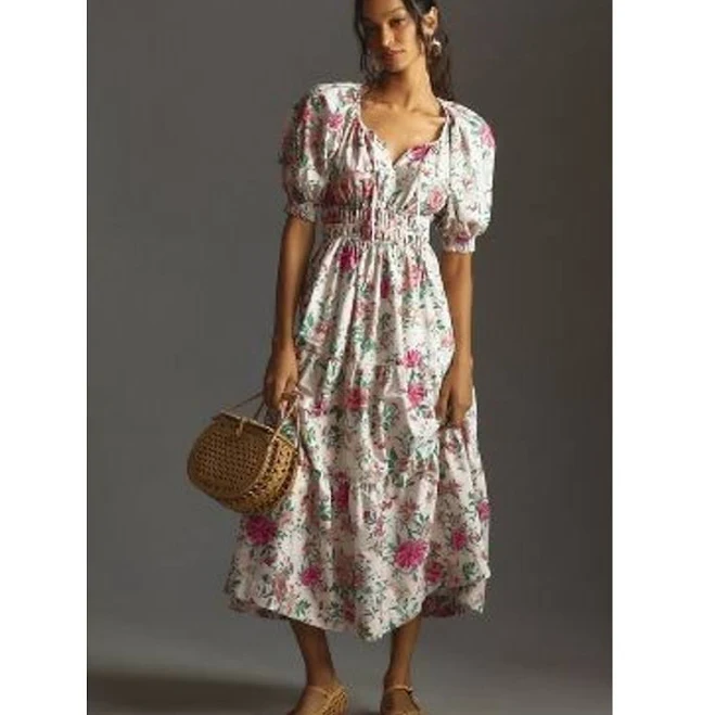 dress Anthropologie Dresses | Anthropologie White Floral Midi Dress With Pink & Green Print (Nwt) | Color: Cream | Size: Xs | Kinkin6270's Closet Poshmark $95