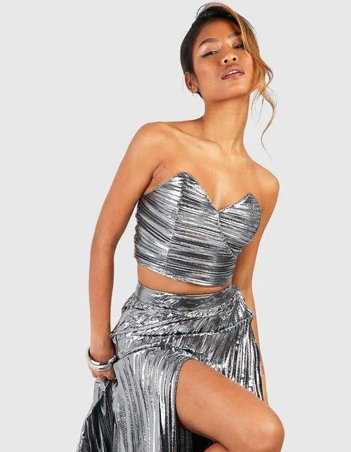 top boohoo Women's Pleated Metallic Sweetheart Neck Corset Lyst $10