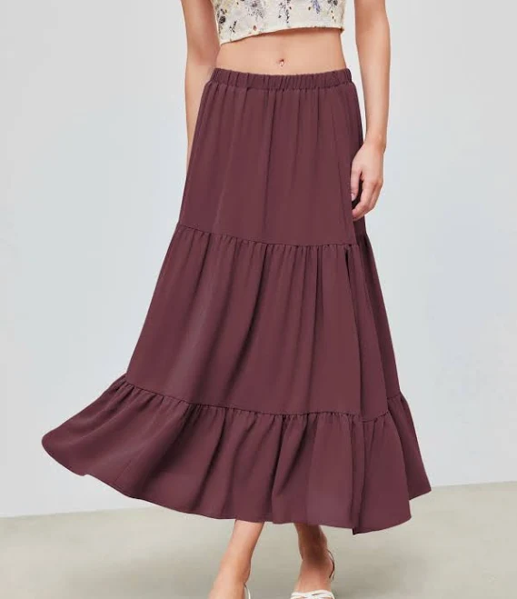 skirt CIDER Women's Tiered Maxi Skirt Elastic Waist Woven Opaque Ruffle Hem Slit Breezy Summer Cider $11.16