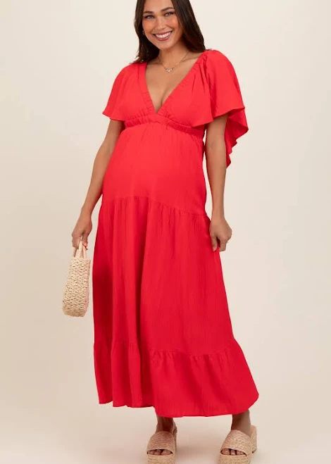 dress Coral Deep V-Neck Flutter Sleeve Tiered Maternity Midi Dress PinkBlush Maternity $42
