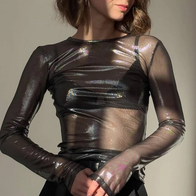 top Elegant Long Sleeve Sheer Mesh Glitter Shirt Etsy - Seller $36