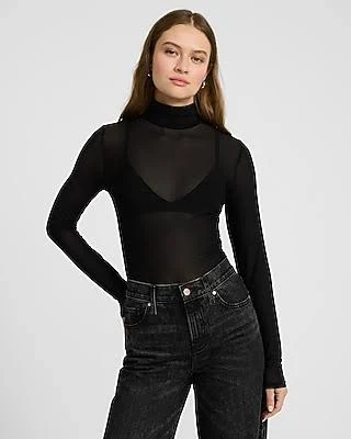 top Express Women's Fitted Mesh Mock Neck Long Sleeve Bodysuit Express $26.6