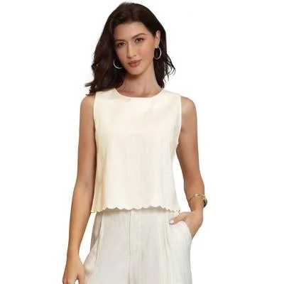 top INSPIRE CHIC Women's Linen Sleeveless Summer Crew Neck Scallop Hem Office Cropped Blouses Target $22.99