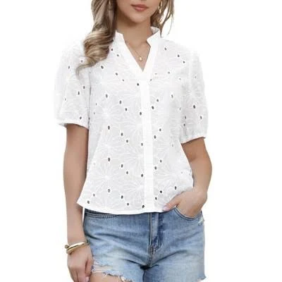 top Inspire Chic Women's Puff Sleeve V-Neck Hollow Out Eyelet Shirt Target $21.97