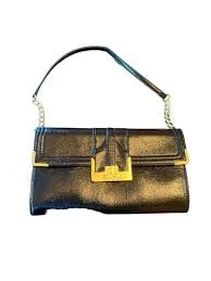 bag Marc Fisher Black Patent Leather Clutch With Gold Chain Strap & Logo Buckle Clos eBay $22.49