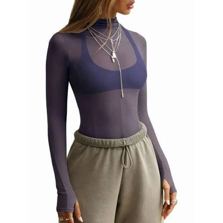 top Mesh Long Sleeve Top for Women, Lace Sheer Tops See Through Mock Neck Floral Embroidery Sheer Blouce Shirt Navy Blue S, Women's, Size: Small Walmart - CCsndice $16.27