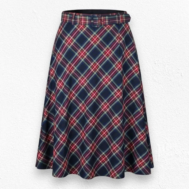 skirt Navy Red Tartan A-line Midi Skirt Belt Christmas Plaid Schoolcore Size eBay - thrift_avenue $40
