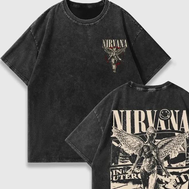 top Nirvana Band Logo & Wing Pattern Loose Fit T-Shirt TikTok Shop $12.25
