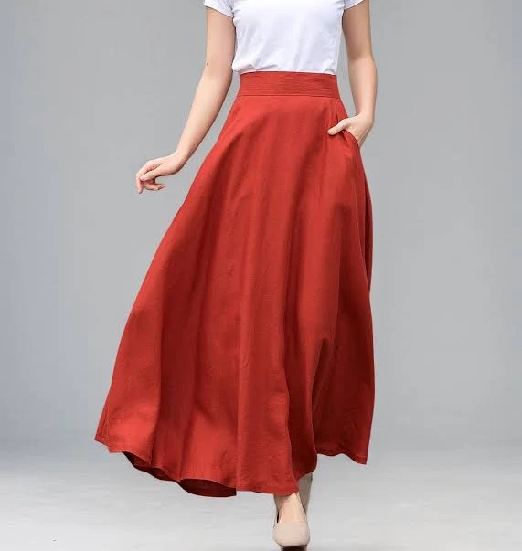 maxi skirt Orange A-Line Linen Skirt Etsy - Ylistyle $67.15