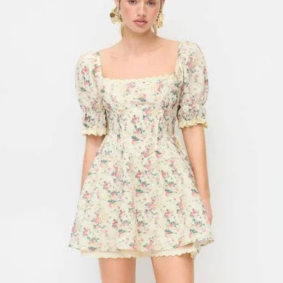 dress Shirred Babydoll Floral Square Neck Puff Sleeve Mini Dress Cider $57.9