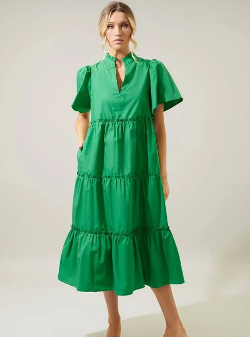 dress Sugarlips Noelle Split Neck Poplin Tiered Midi Dress Sugarlips $85