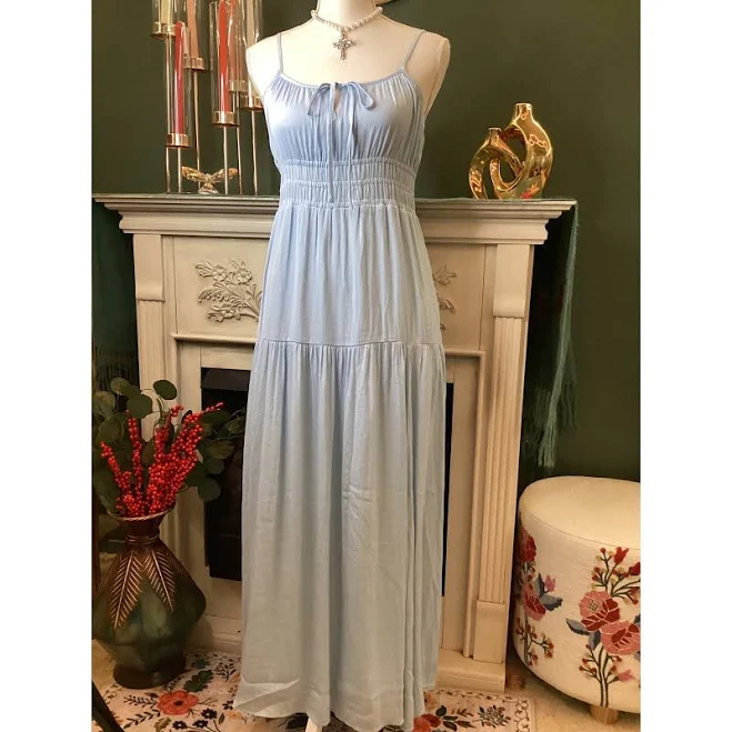 dress The Drop Light Blue Smocked Tiered Maxi Dress Spaghetti Strap Tie Neck eBay $44