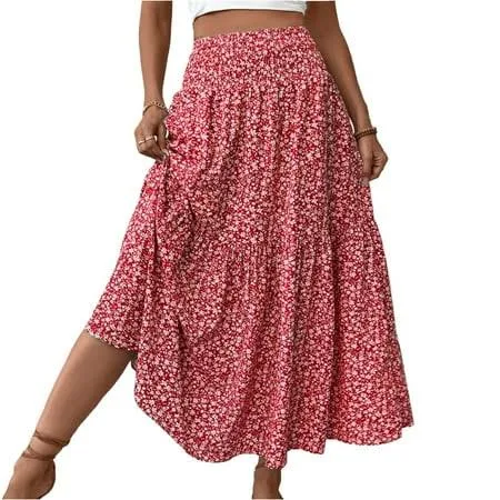 skirt Women's Casual Boho Floral Smocked High Waisted Tiered Maxi Skirt with Pocket Walmart - mohiass $10.55
